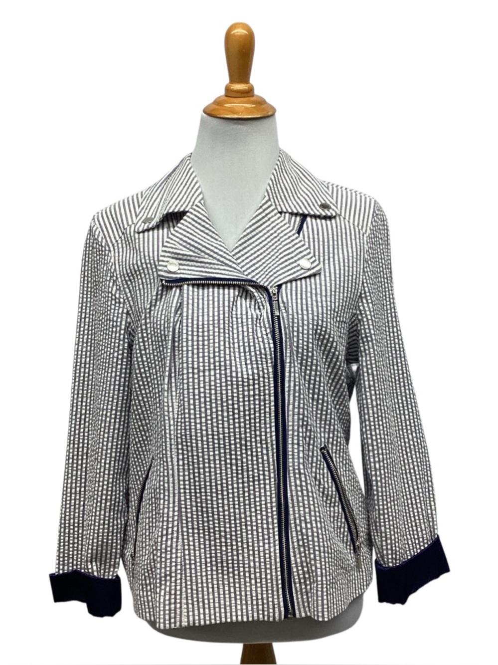 Isaac Mizrahi Navy Seersucker Moto Style Jacket Misses size 12